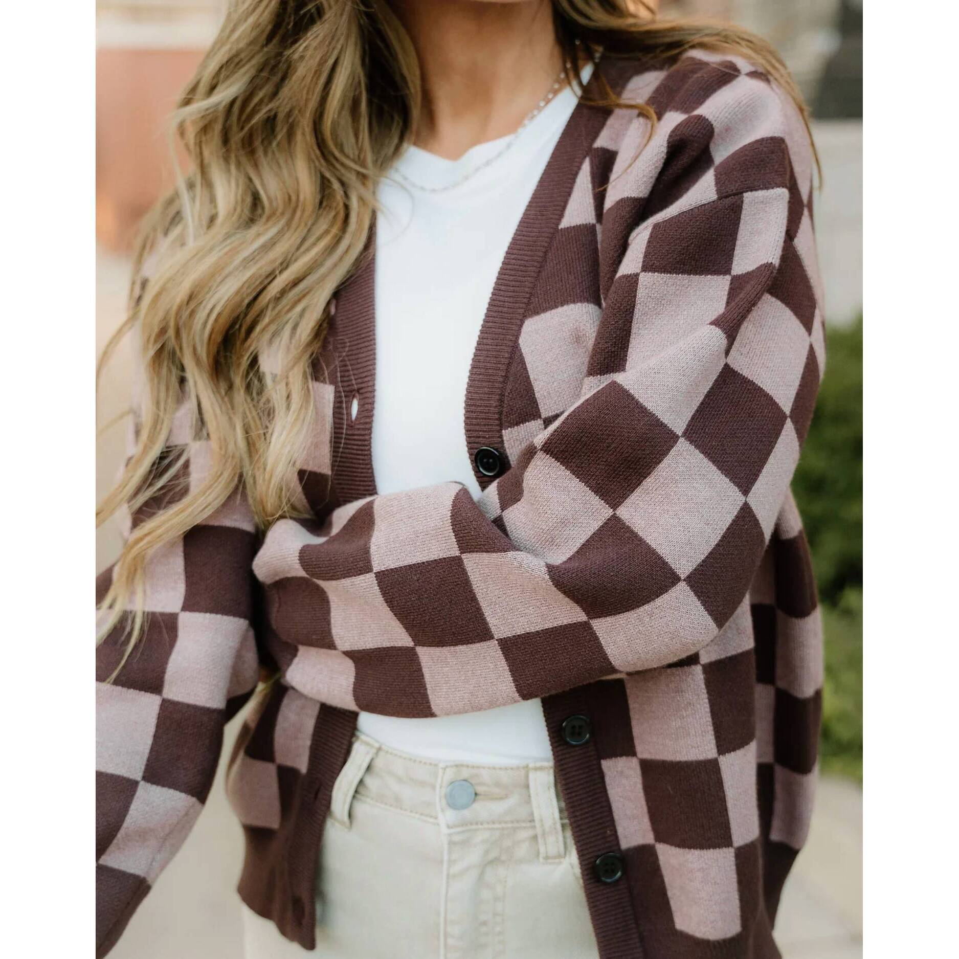 New Indie & Co Hunter Checker Cardigan In Brown
